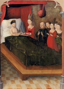 Weingartener Heilig-Blut-Tafel van 1489. Landesmuseum Württemberg, Stuttgart. Tafel 20: Bij zijn dood vererft Graaf Balduin de relikwie aan zijn dochter Judith